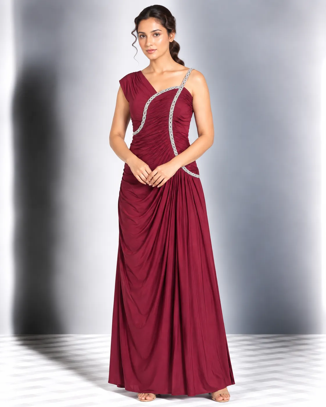 Crystal Curve Asymmetric Draped Maxi Dress — Party Wear from GoGurll