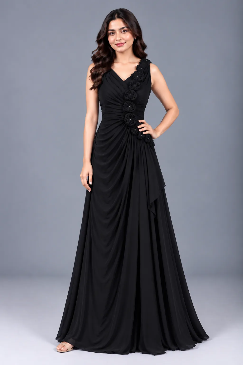 Floral Appliqué Draped Maxi Gown — Party Wear from GoGurll