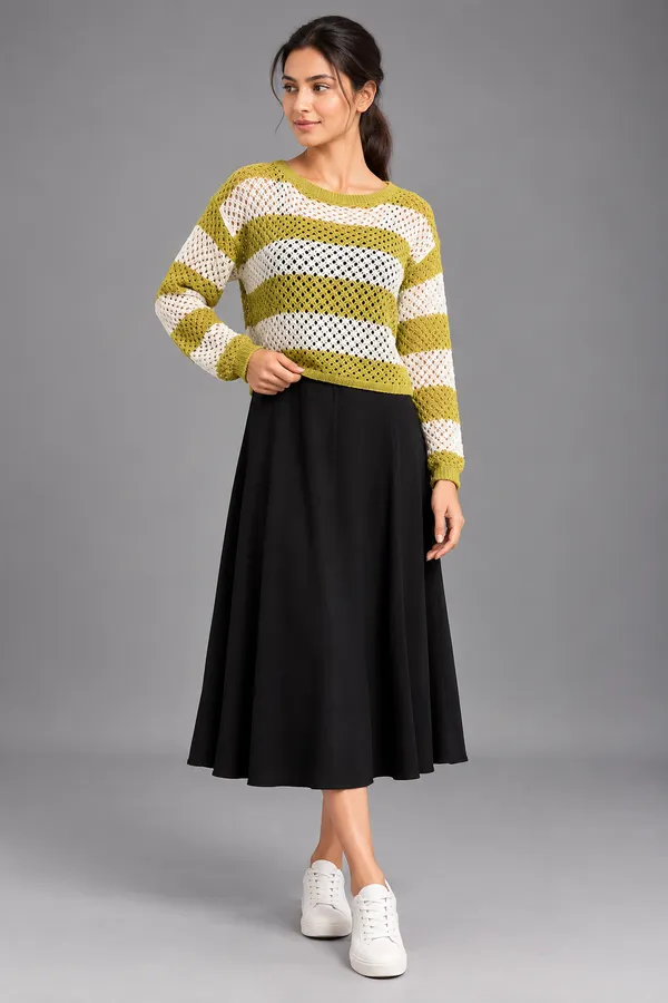 Striped Crochet Knit Sweater with Flared Midi Skirt