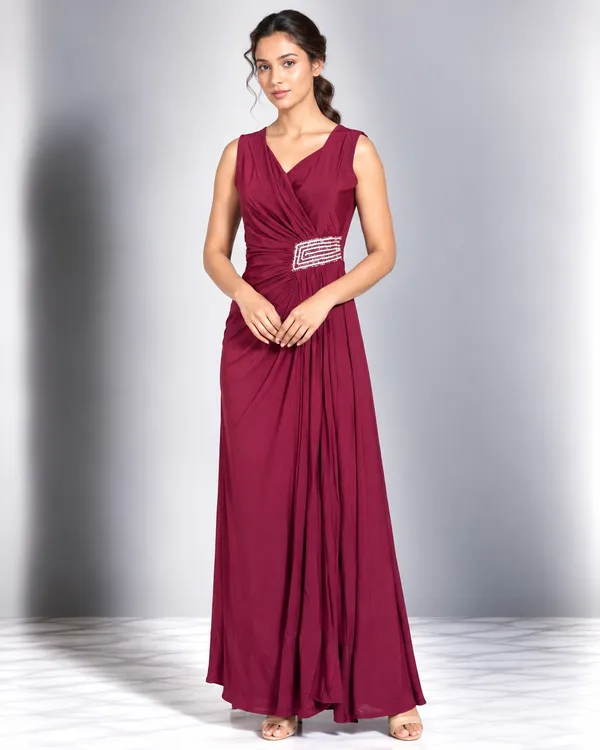 Crystal Buckle Draped Maxi Dress