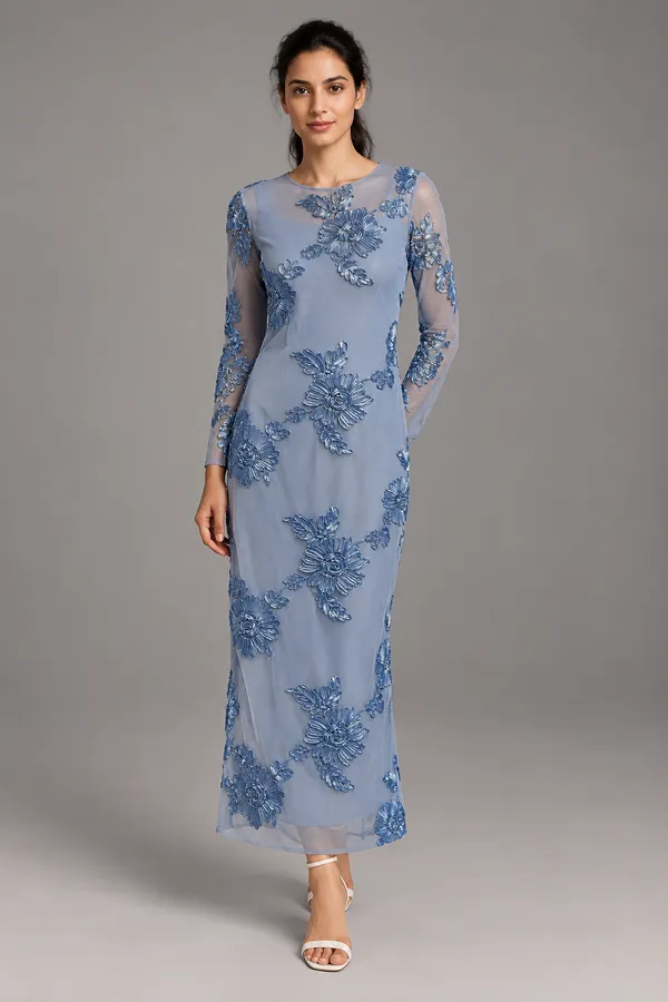 Floral Embroidered Mesh Maxi Dress