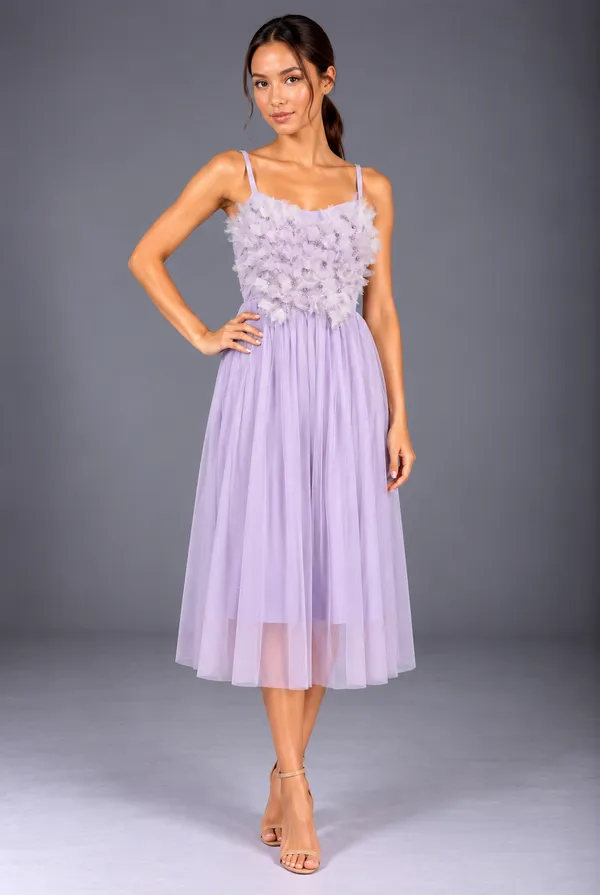 Lavender Petal Tulle Midi Dress