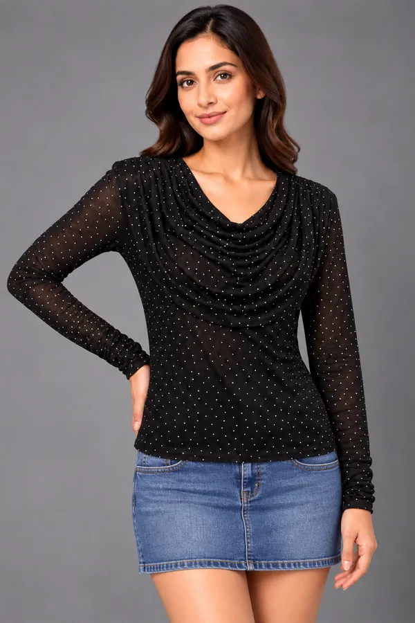 Midnight Sparkle Net Cowl Neck Top