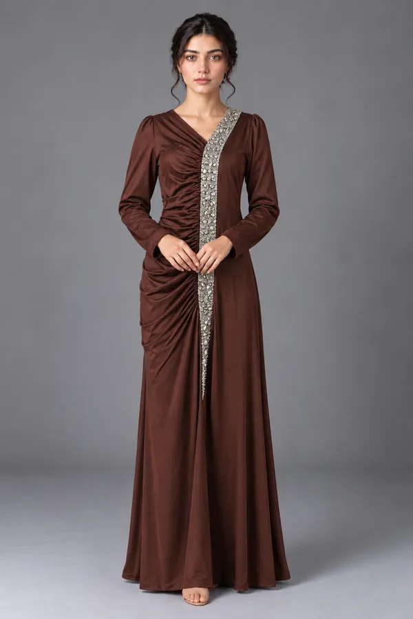 Mocha Drape Embellished Maxi Dress