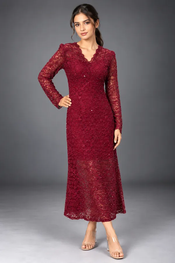 Red Lace Elegance Midi Dress