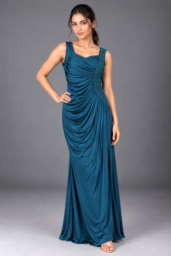 Teal Luxe Draped Evening Gown
