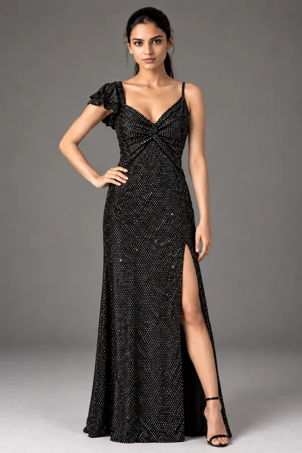 Midnight Sparkle Ruffle Slit Gown